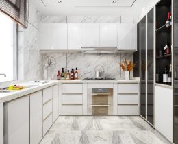 3d rendering white minimal kitchen with wood decoration